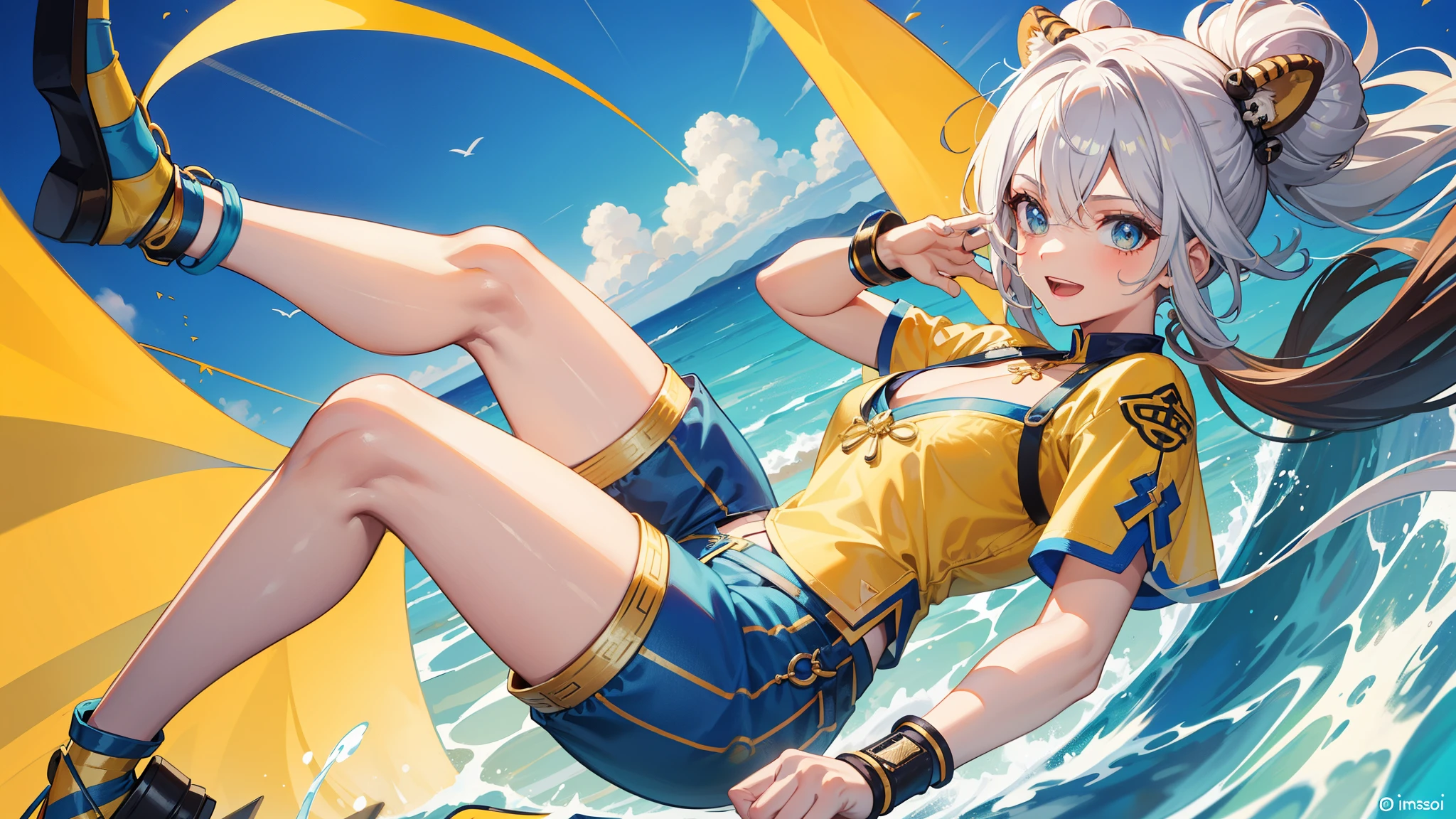 Jovem, cabelo castanho, two buns, Olhos dourados, orelhas de tigre, Chinese yellow and blue dress, Shorts, Ironbound Bracers, piscadelas, sorriso, obra de arte, alta qualidade