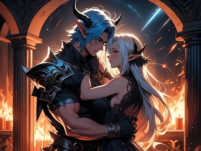a tall male elf with huge muscles demon horns and dark blue long hair wearing armor hugging a female blonde elf in a medieval room near a pillar, dangerous huge burning comet falling down outside from the sky, dark sky, dangerous athmosphere, lovers, male with blue hair, blonde female