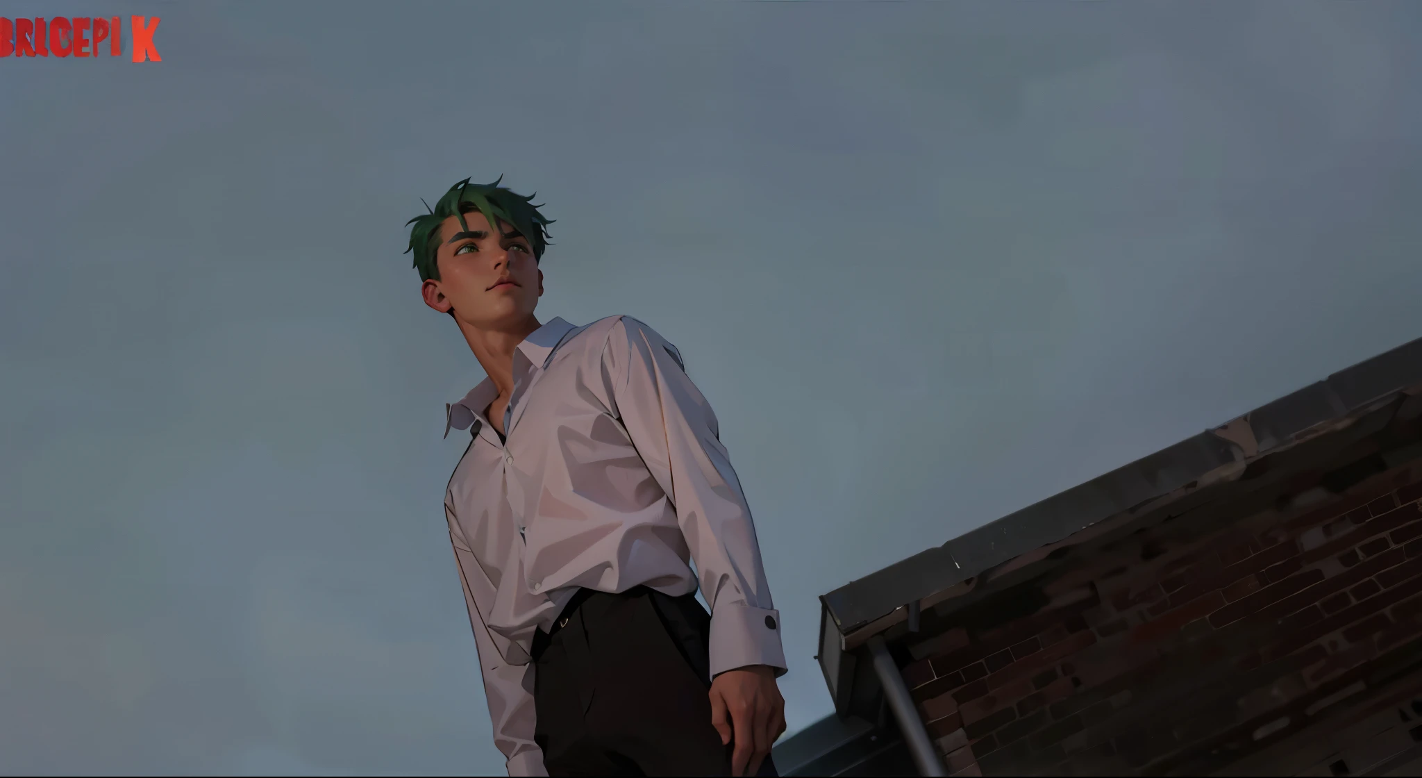 There is an 18 year old young man with green hair on top of a building.