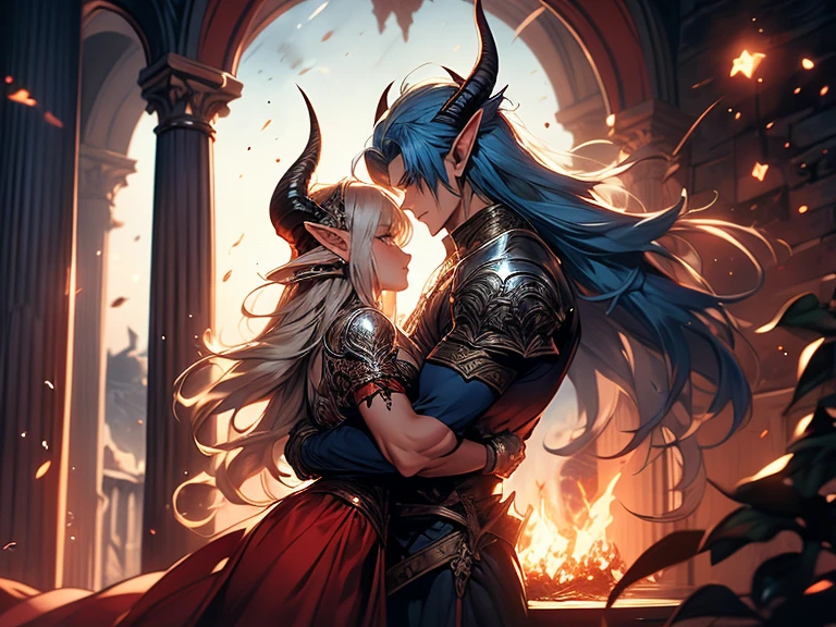 a tall male elf with huge muscles demon horns and dark blue long hair wearing armor hugging a female blonde elf in a medieval room near a pillar, dangerous huge burning comet falling down outside from the sky, dark sky, dangerous athmosphere, lovers, male with blue hair and blonde female elf