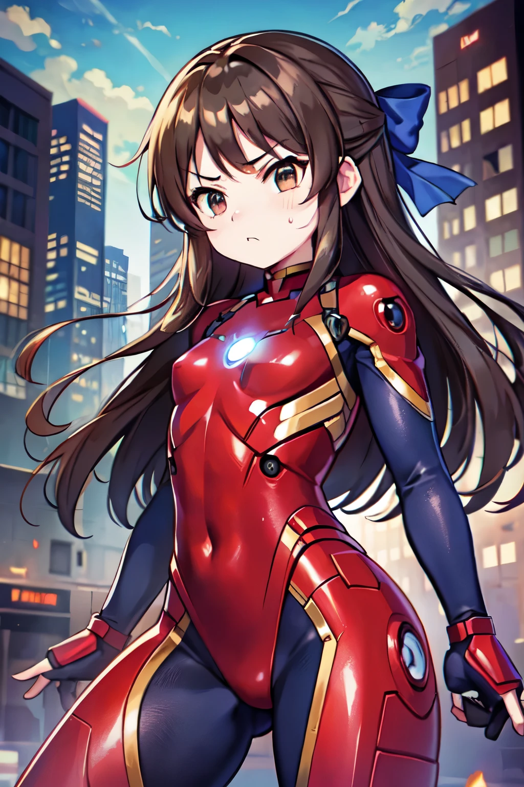 NSFW、Primary school students、child、Long Hair、((Small breasts、Small breasts、child体型、Angry、Wounded Body、Blue ribbon))、((Iron Man suit with holes))、City of night、Rooftop、Boxing stance、8 year old 、Fight the enemy、A body covered in scars、Struggled、Sweating profusely