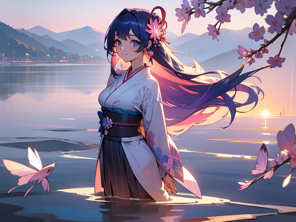 masterpiece, best quality, detailed, (1girl), solo, detailed blue eyes, long hair, standing, close to viewer, (detailed kimono), light smile, medium breasts,  (arms behind back), water, sunset, (hair ornament), (Sakura blue bloom),  snow mountain lake in the background, crystal butterflies, crystals water