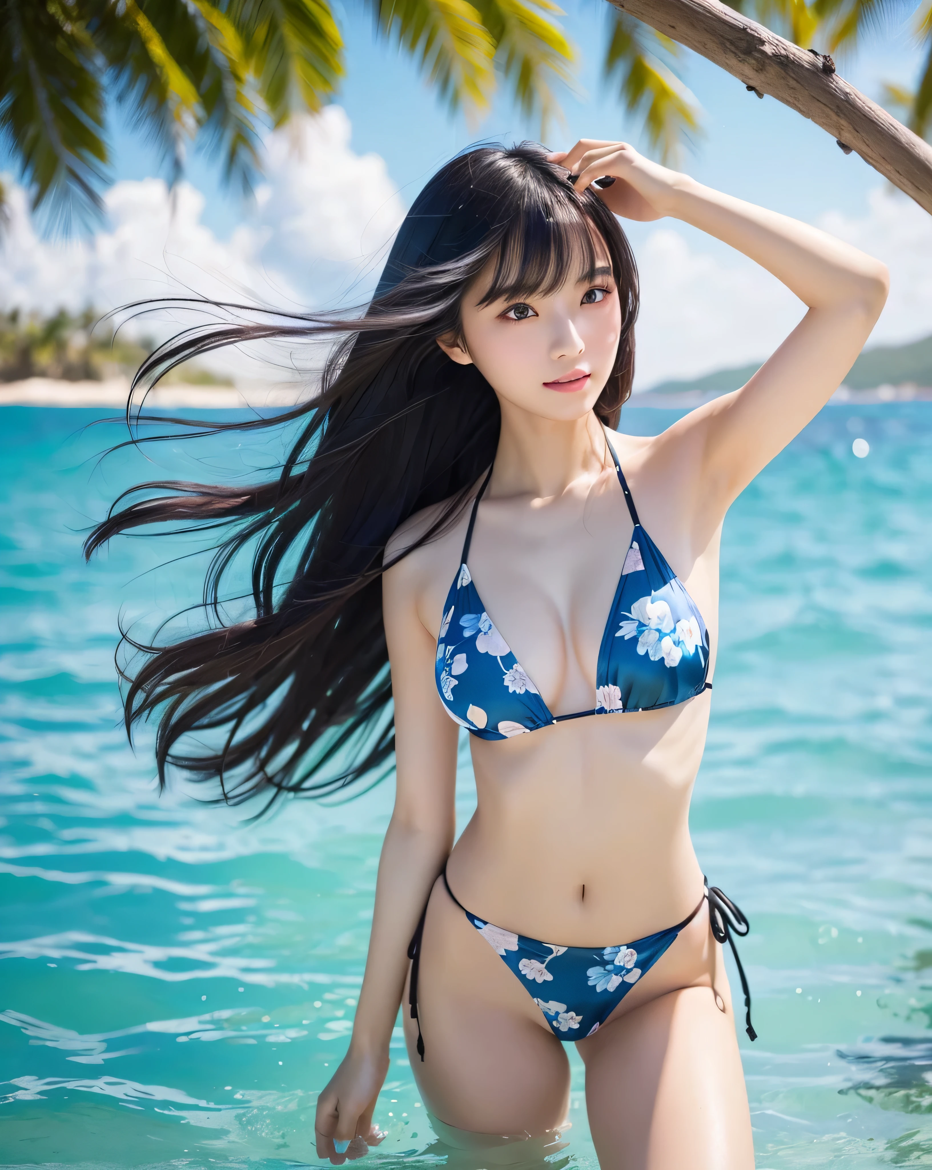 (highest quality, 32k, High resolution, masterpiece:1.5, ), Energetic and dazzling photography, ((In the vortex of strong midsummer light)), Evoking a sense of calm and elusive beauty, Expressing emotions, Have a rich imagination, Cute Japanese Girls, An exceptionally beautiful face, whole body, Perfect Human Anatomy, Magical big eyes, A gentle smile, motherhood and tolerance, ((Shiny black super long straight silk hair)), Beautiful asymmetrical bangs, Hair between the eyes, Transparent and soft skin, Neat, thin eyebrows, double eyelid, Pale pink lips, ((A high-quality bikini with a white base and blue floral pattern)), ((Beautiful resort beaches)), Beautiful, clear, blue sea, White sand beach, Detailed summer sky, High resolution perfect clavicle, Beautiful chest in high resolution, Slender body with ample breasts, High resolutionの美しい太もも, Strong sunlight, Professional Lighting, Professional Photographer, Professional Model,mysterious