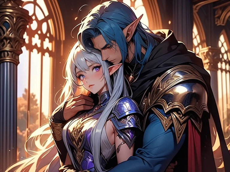 a tall male elf with huge muscles demon horns and dark blue long hair wearing armor hugging a female blonde elf in a medieval room near a pillar, dangerous huge burning comet falling down outside from the sky, dangerous athmosphere, lovers, male elf with blue hair and demon horns and big msucles wearing armor hugging a sexy female elf with blonde hair and a purple red armor dress, dangerous comets are falling from dark sky, lovers inside a medieval hallw ith pillars and huge windows, dynamic, loving hug, sexy clothing