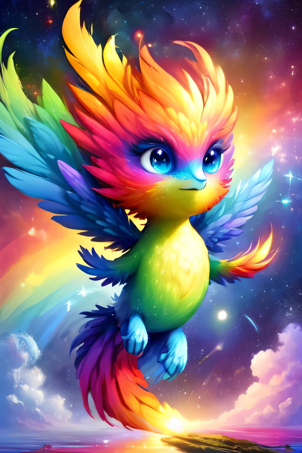 fantasy art , 8K, HD, Creature magic,coloful,rainbow,female,cute,pretty,fly,bird fenix
