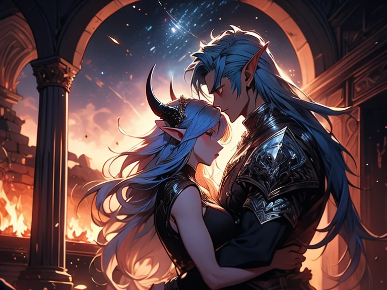 a tall male elf with huge muscles demon horns and dark blue long hair wearing armor hugging a female blonde elf in a medieval room near a pillar, dangerous huge burning comet falling down outside from the sky, dark sky, dangerous athmosphere, lovers, male with blue hair and blonde female elf
