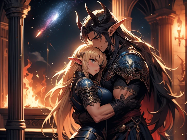 a tall male elf with huge muscles demon horns and dark blue long hair wearing armor hugging a female blonde elf in a medieval room near a pillar, dangerous huge burning comet falling down outside from the sky, dark sky, dangerous athmosphere, lovers
