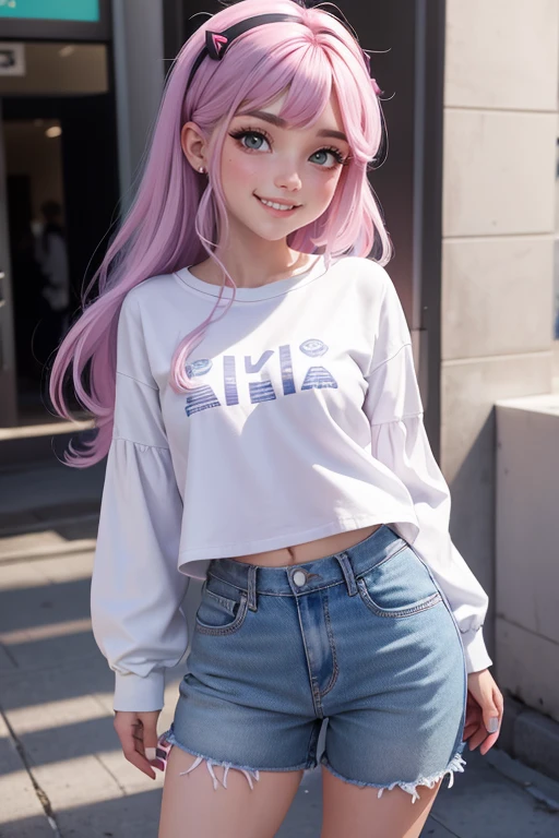 un primer plano de una chica demonio sonriendo con una falda de encaje y una camisa de encaje, maquillaje de ojos ahumados, Medias blancas, ella lleva ropa de calle de encaje, Cuello, ahogo, zapatillas, ropa de rol de moda,