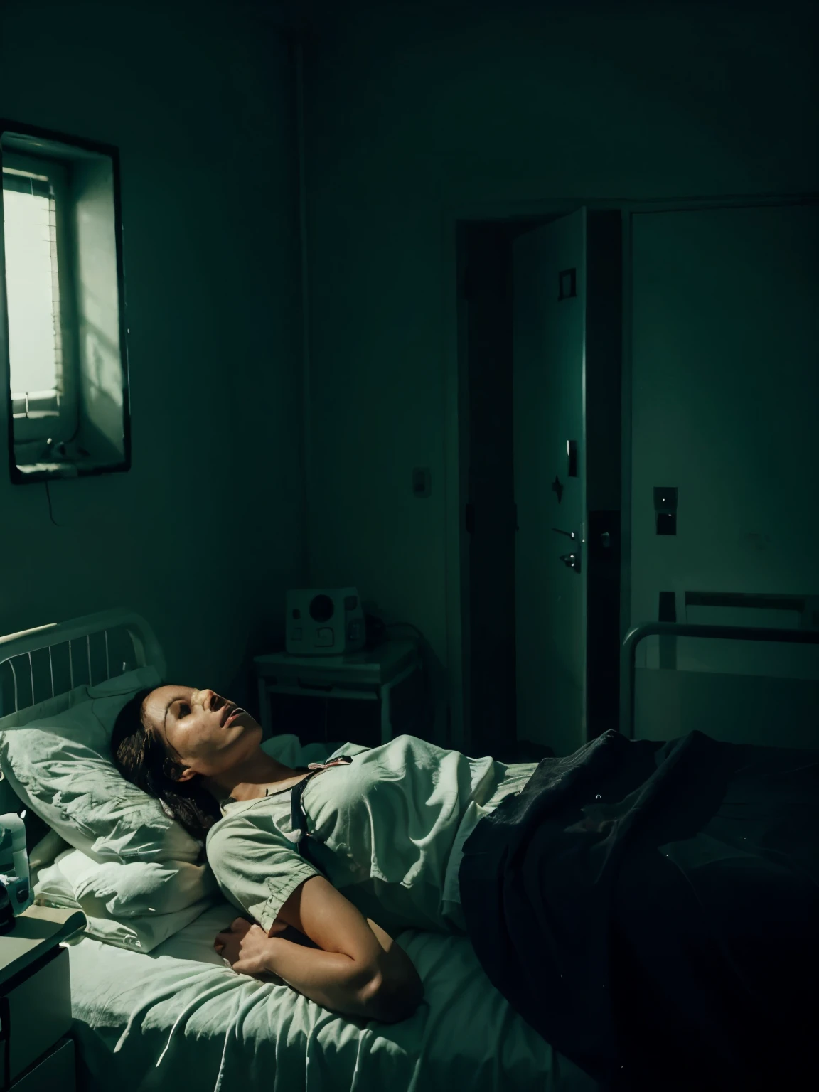 Describe a scene in a dingy old hospital where a worried-looking doctor is observing black ectoplasm manifesting in the room. Beside it, a patient lying in bed looks with an expression of surprise and fear at the paranormal phenomenon, creating an atmosphere of tension and mystery in the hospital environment.