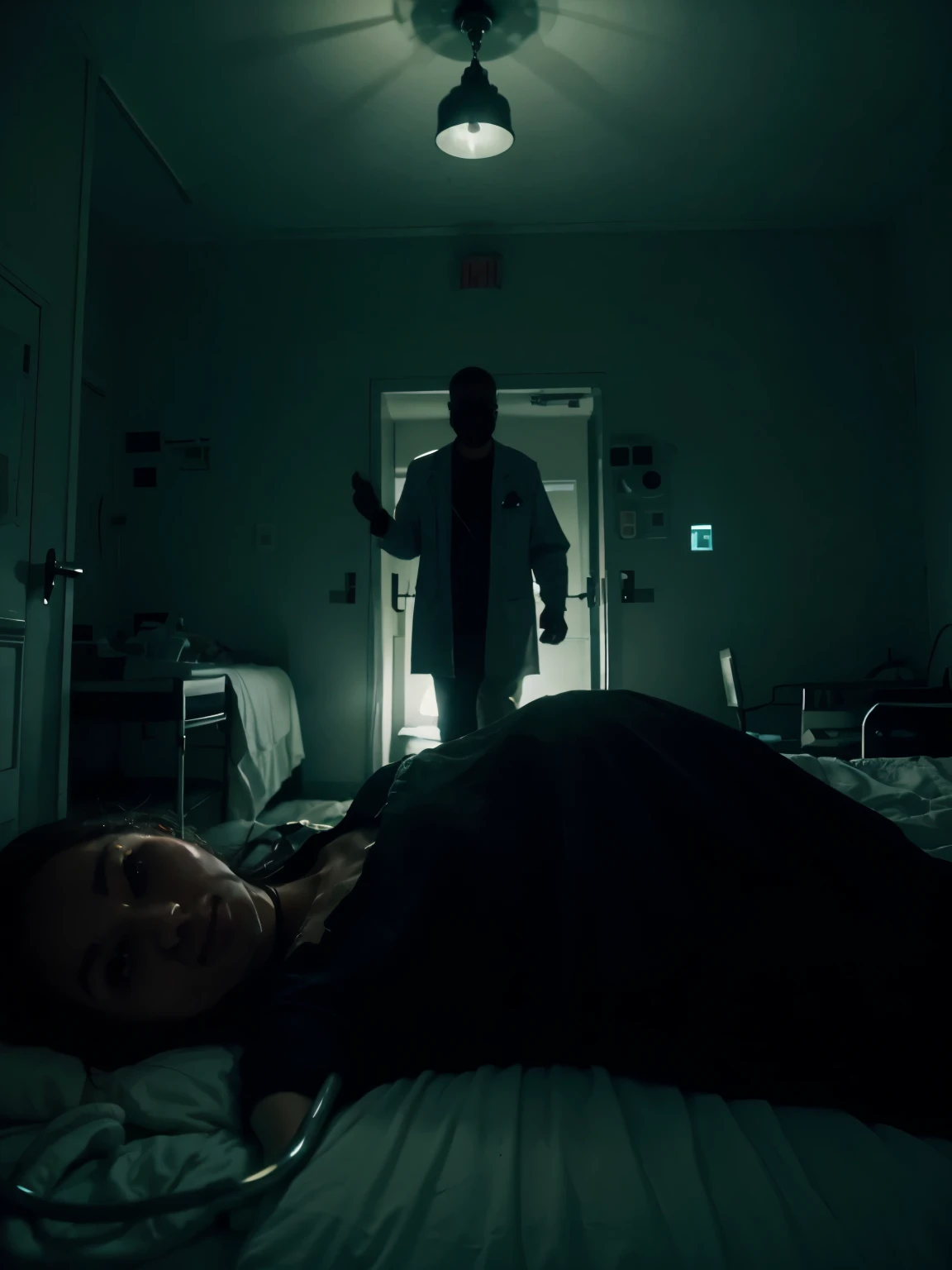 Describe a scene in a dingy old hospital where a worried-looking doctor is observing black ectoplasm manifesting in the room. Beside it, a patient lying in bed looks with an expression of surprise and fear at the paranormal phenomenon, creating an atmosphere of tension and mystery in the hospital environment.