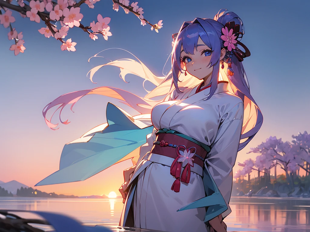masterpiece, best quality, detailed, (1girl), solo, detailed blue eyes, long hair, standing, close to viewer, (detailed kimono), light smile, huge breasts,  (arms behind back), sunset, (hair ornament), (Sakura blue bloom),  snow mountain lake in the background, crystal butterflies, crystals water, near water flowing hand init