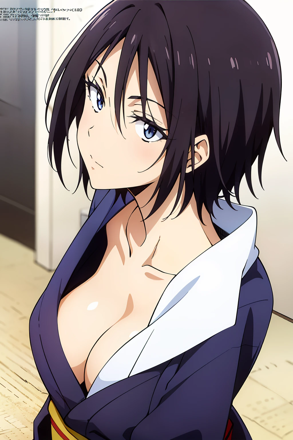 (anime cels style, Masterpiece, best quality, high resolution, anime colored, megami magazine:1.2, anime poster style, anime keyvisual, sharp, 8k, photorealistic), (beautiful eyes:1.5), sakaguchihinata\(ttigraas\), 1girl, cute, black hair, very short hair, large breast, cleavage, no bra, (yukata:1.5, undressing:1.5), (upper body, sitting), (perfect detailed anatomy, perfect arms, perfect fingers, beautiful face, perfect body, shiny skin), 