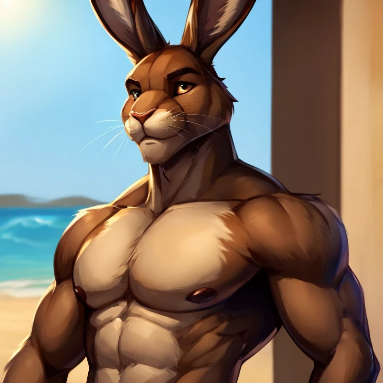 anthro, male, 1boy, solo focus, kangaroo, brown fur, beach, day, dim, detailed eyes, see-through thong, ((sheath and balls)), open shirt, detailed clothing, bare chest, big pecs, muscular, tall, extreme swimsuit bulge, thong, detailed huge nipple piercings, realistic
