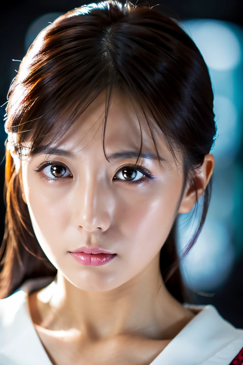 Masterpiece, 8K, high quality, high resolution, beautiful Japanese woman, 30 years old, poker face, glaring eyes, (detailed face, detailed eyes), looking at viewer, portrait