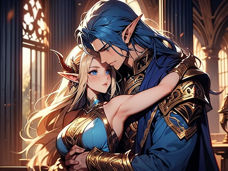 a tall male elf with huge muscles demon horns and dark blue long hair wearing armor hugging a female blonde elf in a medieval room near a pillar, dangerous huge burning comet falling down outside from the sky, dangerous athmosphere, lovers, male elf with blue hair and demon horns and big msucles wearing armor hugging a sexy female elf with blonde hair and a purple red armor dress, dangerous comets are falling from dark sky, lovers inside a medieval hallw ith pillars and huge windows, dynamic, loving hug, sexy clothing