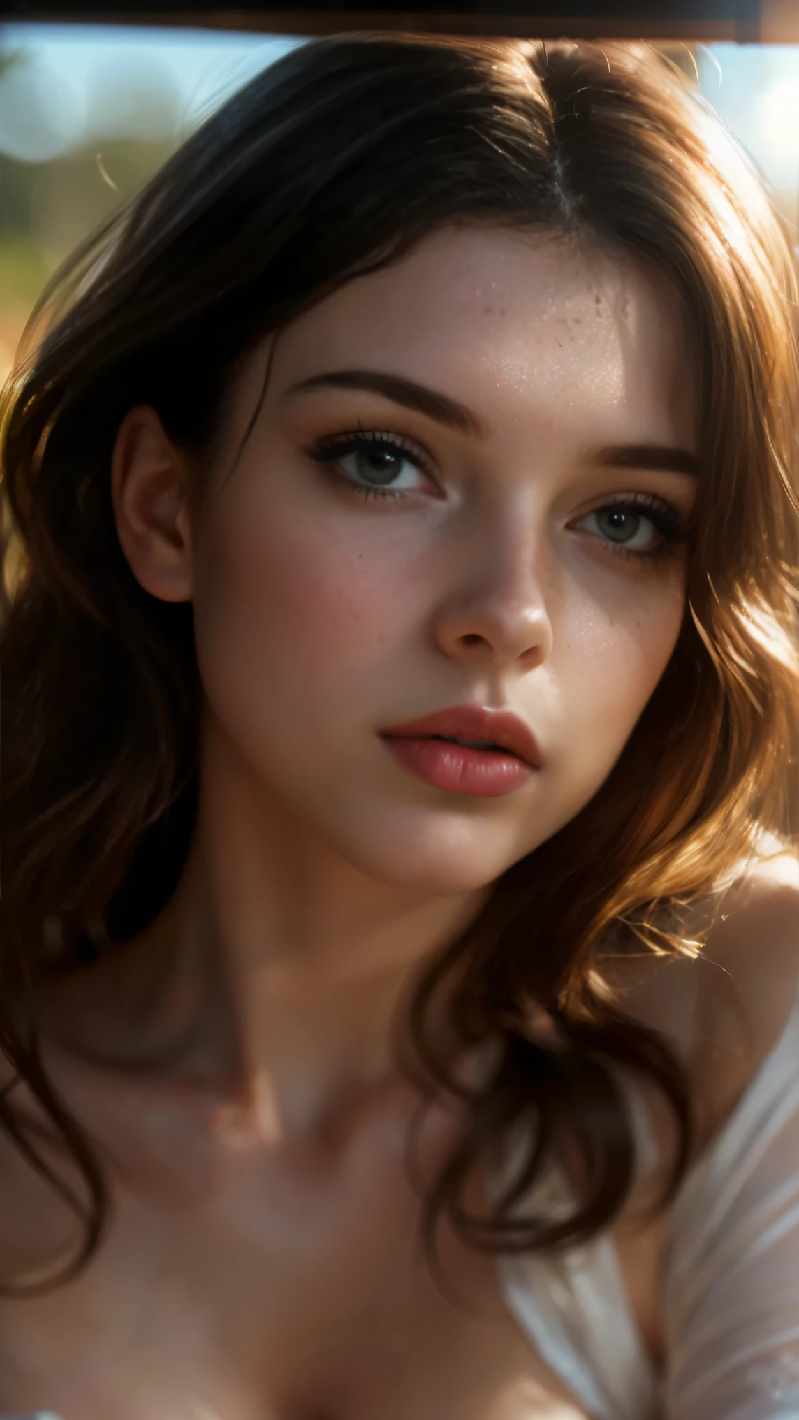 (((ultra realistic))) Photo, masterpiece, top quality, (pale skin), (Ultra detailed face and eyes:1.3), 1 girl, Adult, in a T-shirt, full body, (Eye makeup, mascara) , ((large detailed lips)), ((ash wavy hair)), ((Chyolka)) , (Natural breasts), Slim waist. ((Posing)), photoshoot, studio (soft lighting), (The play of light and shadows), depth of field, bokeh, (special attention to skin detail: 1.2), Detailed leather texture, skin pores. (Airy atmosphere of the frame. Color range - delicate, Bright, white, Pink tones), UDR, ((Film grain)), ((rays)), ((glare of the sun)), ((waist up portrait, close to the camera)) , ultra detialed,