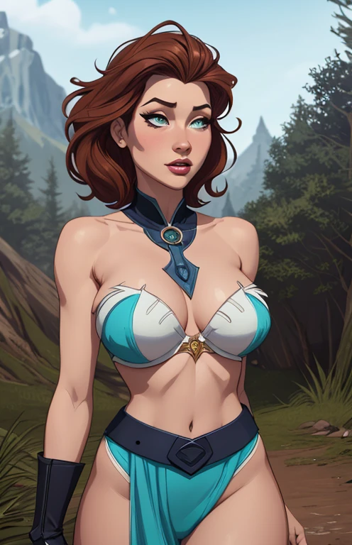 Personagem mulher estilo atompunk Fiona rainha Anna de Arendelle com marcas de guerras Imagem de desenho animado de uma mulher .Ilustra??o estilo desenho animado, estilo de arte dos desenhos animados, estilo de arte dos desenhos animados, digital illustration style, estilo atompunk design de personagens altamente detalhado, arte digital detalhada coragem, Forest fan art, Design de personagens de retrato, beautiful digital illustration, retrato de alta qualidade, Arte em quadrinhos, mulher jovem cabelo com transas lindas . Queen Anna of ArendelleBeautiful lined eyes Medium large bust and wonderful sexy clothes. image expression of sexual desire from waist to head illustration Queen Anne of Arendelle atompunk style Fallout 4 style pose playboy magazine