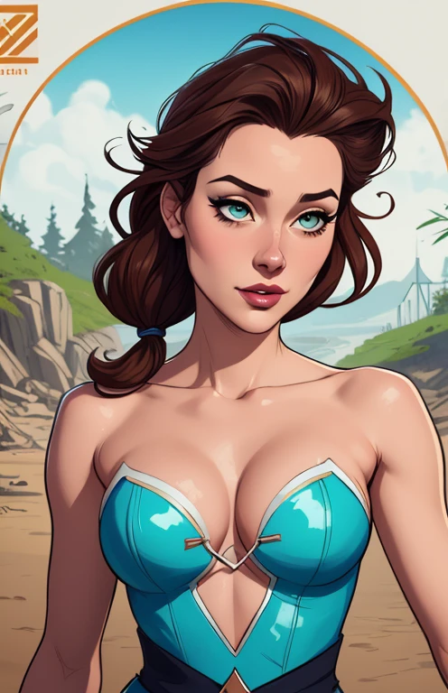 Personagem mulher estilo atompunk Fiona rainha Anna de Arendelle com marcas de guerras Imagem de desenho animado de uma mulher .Ilustra??o estilo desenho animado, estilo de arte dos desenhos animados, estilo de arte dos desenhos animados, digital illustration style, estilo atompunk design de personagens altamente detalhado, arte digital detalhada coragem, Forest fan art, Design de personagens de retrato, beautiful digital illustration, retrato de alta qualidade, Arte em quadrinhos, mulher jovem cabelo com transas lindas . Queen Anna of ArendelleBeautiful lined eyes Medium large bust and wonderful sexy clothes. image expression of sexual desire from waist to head illustration Queen Anne of Arendelle atompunk style Fallout 4 style pose playboy magazine