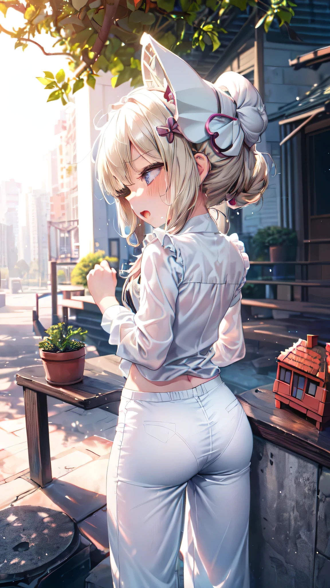 (Ultra-high resolution of the highest quality, masutepiece, Best Quality, 8K, Super Detail, Best Quality:1.3), (1 littlegirl:2), (smallbody:2), (tiny body:2), (Loli:2), (flat chest:1.1), (petite body:2), (small build:2), (slender body:1.1), drooping eyes, (blush cheek:1.2), (long hair), (blonde hair), behind view, beautiful hair, beautiful face, beautiful eyes, beautiful body, beautiful hands, (white blouse, long pants:1.4), (see through), (sweat:1.2), (orgasm:1.4), (half closed eyes:1.1), (face focus:1.6), (from behind:1.6), outdoor, park