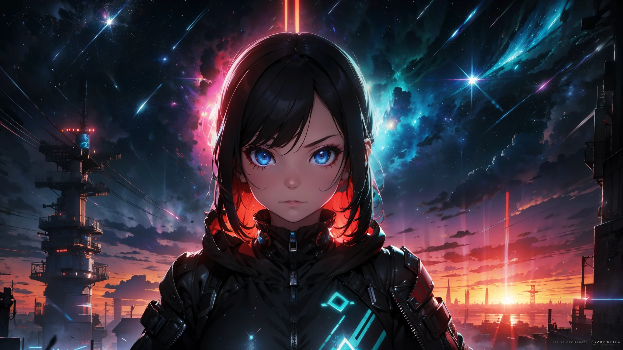 Electric Colors, astropunk::1, Design de personagem, brilho de lava, arte integrada, 3d::1, Autodesk Maya, zbrush::1, substance painter, Charlie Bowater, fotografia glamorosa, fechar-se, Gareth Pugh, capuz