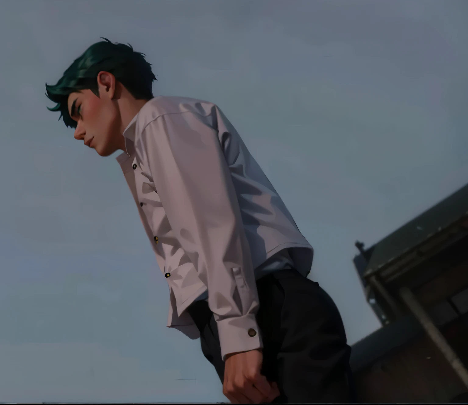 17 year old green haired young man on top of a building