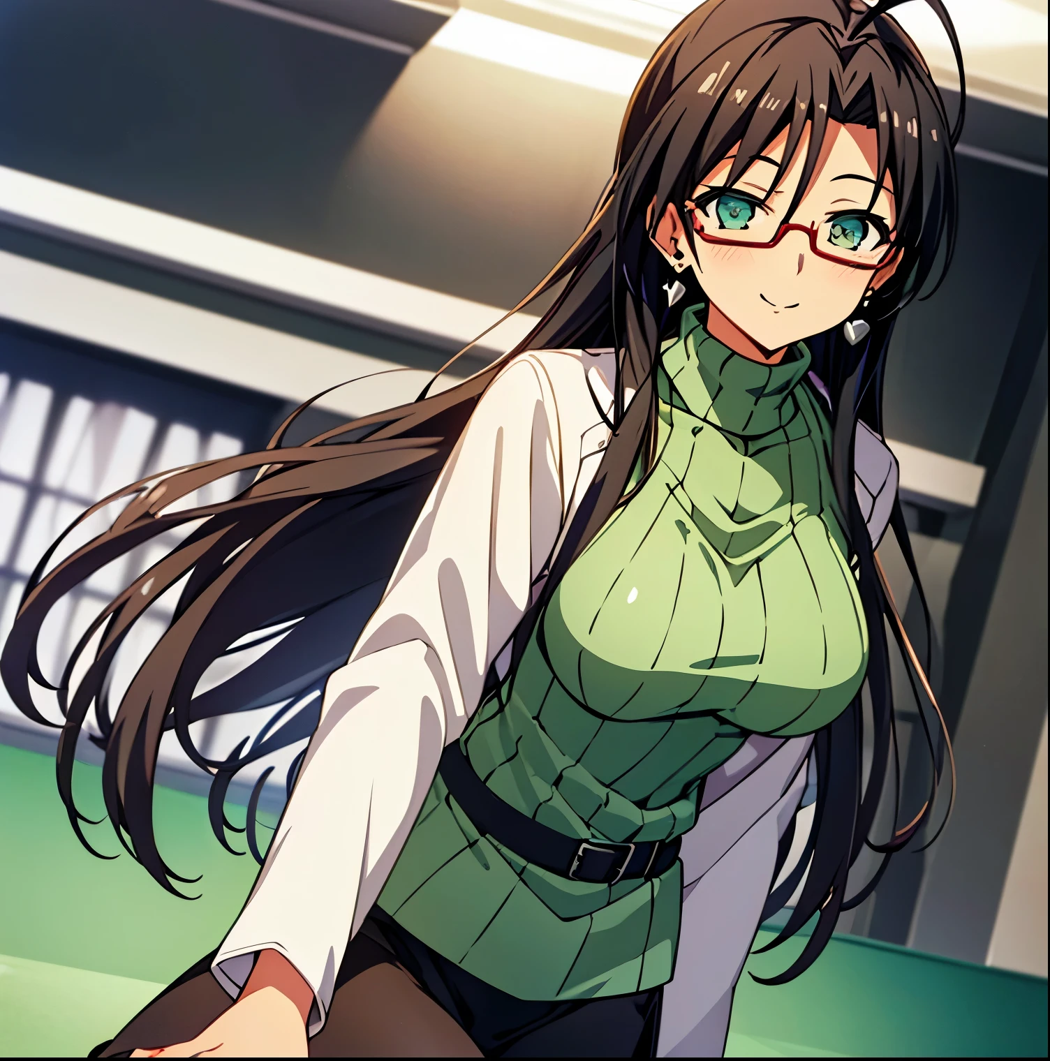 1girl, alone, chisato Hasegawa,(extremely detailed CG unity 4k wallpaper),(masterpiece),(ultra quality),(ultra-detailed),(best illustration),(best shadow),(absurdres),(detailed background), Chisato Hasegawa, 1girl, solo, glasses, green eyes, long hair, breasts, labcoat, thighhighs, black hair, earrings, mole, large breasts, jewelry, mole under eye, sweater, looking at viewer, open mouth, ribbed sweater, skirt, smile, turtleneck, semi-rimless eyewear, garter straps, antenna hair, perfect hands, perfect anatomy 