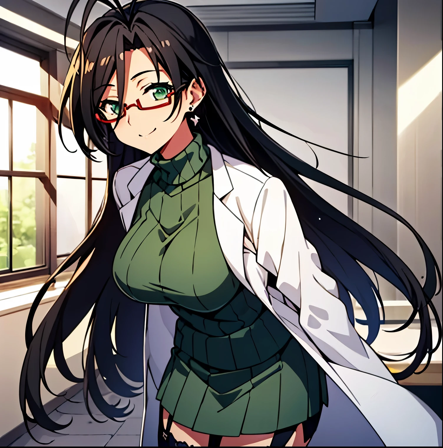 1girl, alone, chisato Hasegawa,(extremely detailed CG unity 4k wallpaper),(masterpiece),(ultra quality),(ultra-detailed),(best illustration),(best shadow),(absurdres),(detailed background), Chisato Hasegawa, 1girl, solo, glasses, green eyes, long hair, breasts, labcoat, thighhighs, black hair, earrings, mole, large breasts, jewelry, mole under eye, sweater, looking at viewer, open mouth, ribbed sweater, skirt, smile, turtleneck, semi-rimless eyewear, garter straps, antenna hair, perfect hands, perfect anatomy 