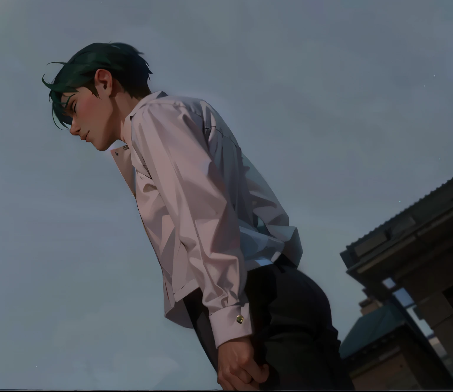 17 year old green haired young man on top of a building