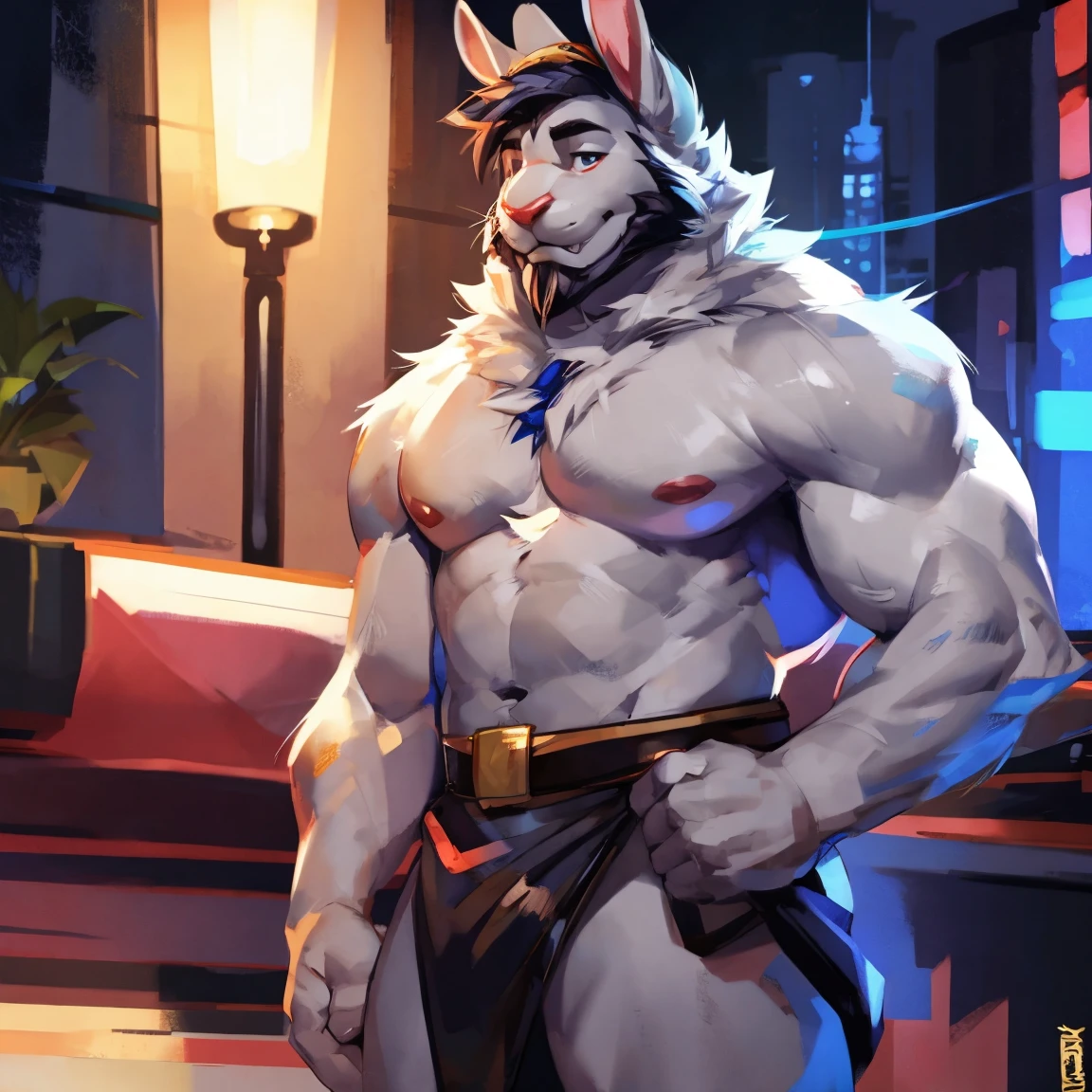 Light gray rabbit, beard, shirtless, By mystikfox61