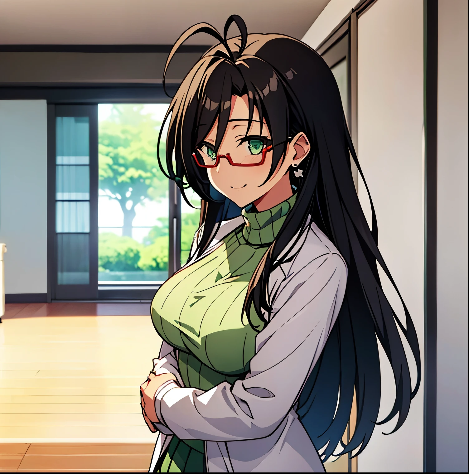 1girl, alone, chisato Hasegawa,(extremely detailed CG unity 4k wallpaper),(masterpiece),(ultra quality),(ultra-detailed),(best illustration),(best shadow),(absurdres),(detailed background), Chisato Hasegawa, 1girl, solo, glasses, green eyes, long hair, breasts, labcoat, thighhighs, black hair, earrings, mole, large breasts, jewelry, mole under eye, sweater, looking at viewer, open mouth, ribbed sweater, skirt, smile, turtleneck, semi-rimless eyewear, garter straps, antenna hair, perfect hands, perfect anatomy 