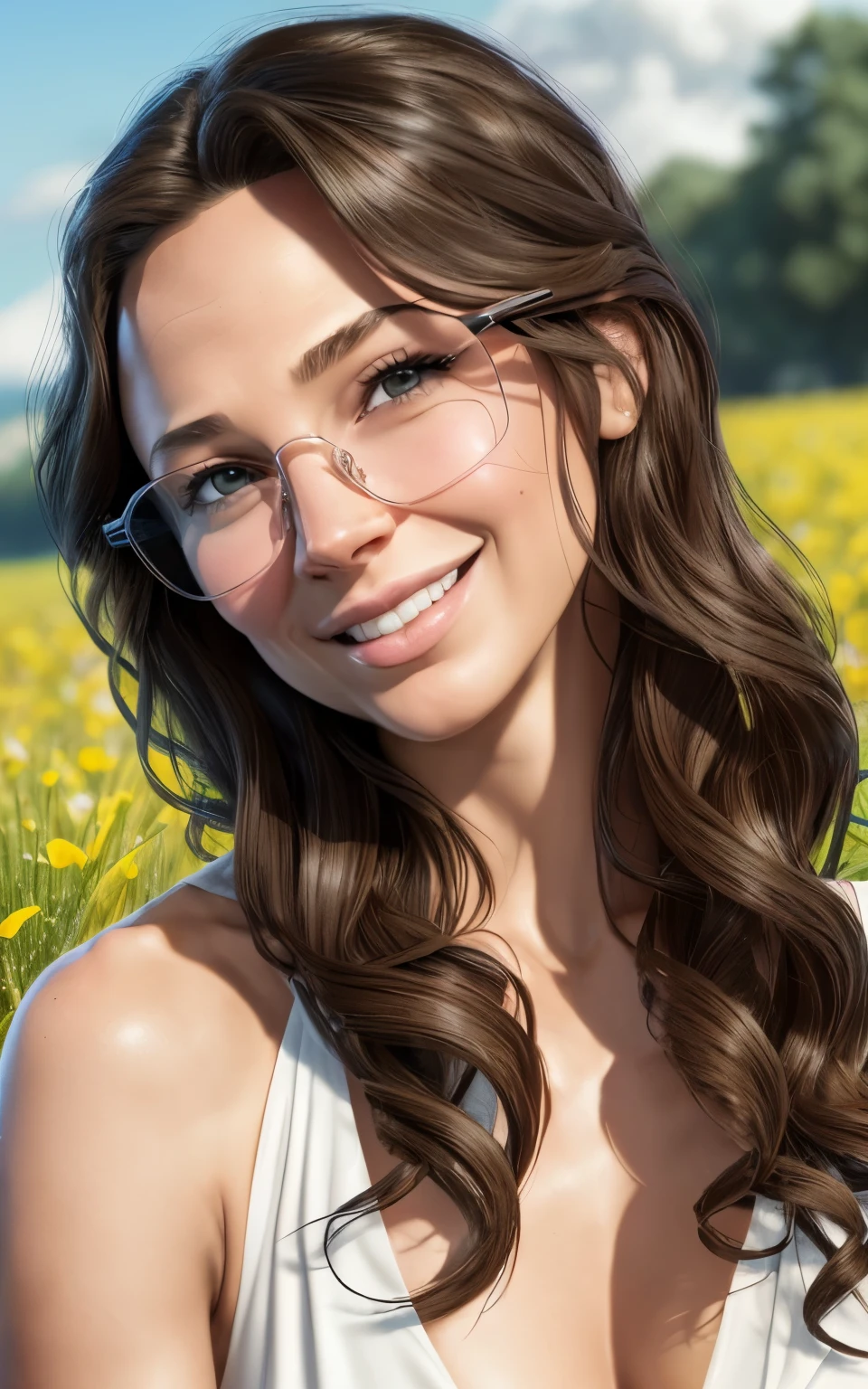 (Gal Gadot:Evangeline Lilly), (looking at viewer, light smile, ), brown hair, brown eyes,  long hair, hair_flying, Fluttering hair, flying_hair, ((Transparent glasses, glasses, glasses_on_nose)), ((white dress)), (downblouse), (no bra), sexy, charming, stunning,  enhance, delicate, (pale skin, real_skin), sunlight, spring, field of flowers, (flowers in the hair), outdoor, best quality, high quality, highres, 8k, photo realistic.
