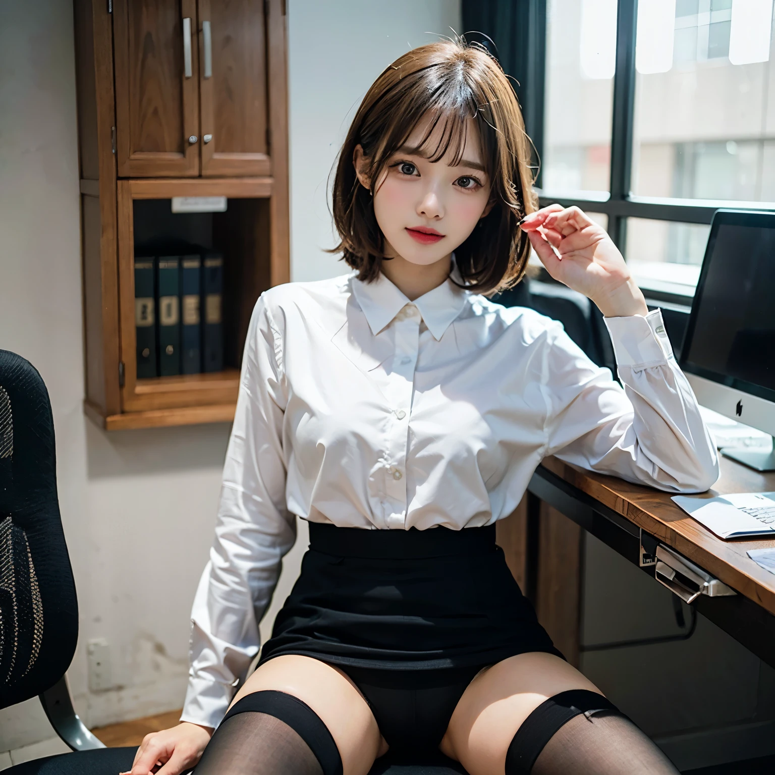 masterpiece, highest quality, highest quality, (Intricate and detailed:1.2), Beautiful Eyes, One girl、Female university student、Background in the office、Bokeh、((lower body))、(Short Bob Hair)、SFW、White blouse、Long sleeve、(sitting in an office chair)、office staff suit, (long pencil skirt), black pantyhose,( panties under black pantyhose), (skirt lift:1.3), (show off panties:1.3), embarrassed, spread legs