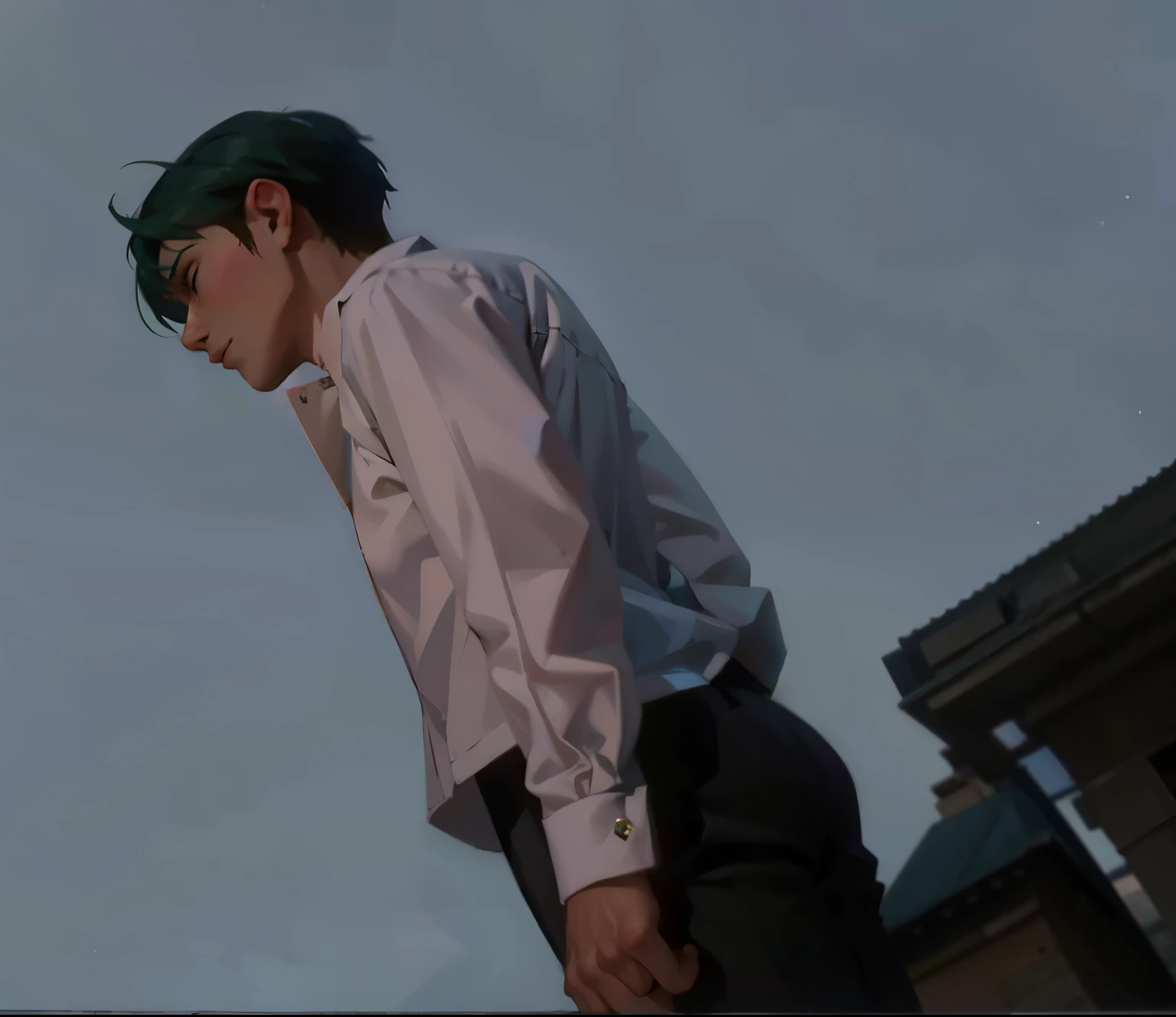 green haired young man on top of a building