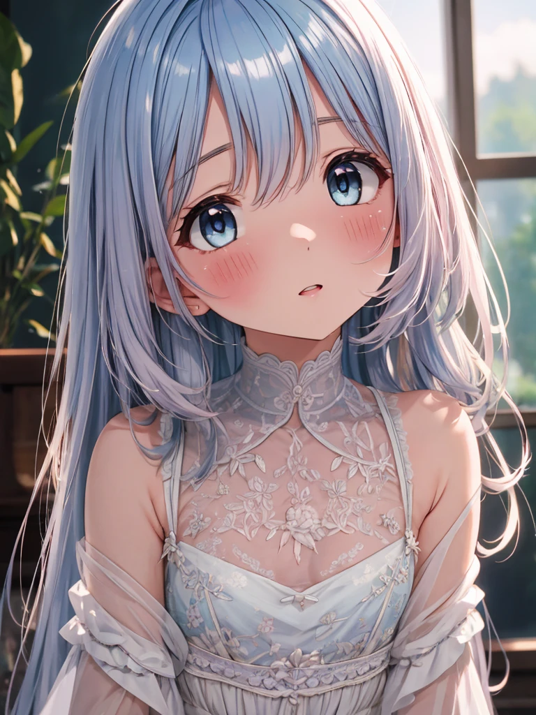  (ultra-intricate pupil in eyes, shiny eyes), long eyelashes, double eyelids, parted lips, kawaii, cute, ( flat chest), slender, (ultra delicate and beautiful skin), insanely detailed clothes, perfect anatomy, dynamic angle, BREAK (masterpiece, best quality), (ultra-detailed 8K), (perfect design), absurdres, highres, ((blush)), (super fine illustration), ((light blue long hair))), 10 years old, long hair ((blush)), masterpiece, best quality, (amazing, beautiful detailed eyes, blunt bangs), high resolution, cute face, masterpiece, best quality, extremely detailed, anime, beautiful girl, wind, solo, depth of field, masterpiece, best quality, extremely detailed, (PHOTO BACKGROUND: 1.3), SMALL BREASTS,depth of field, bokeh,bare nipple,
beautiful illustration, best quality, cute girl, bedroom, pastel color, , rabbit stuffed toy, bright lighting, 