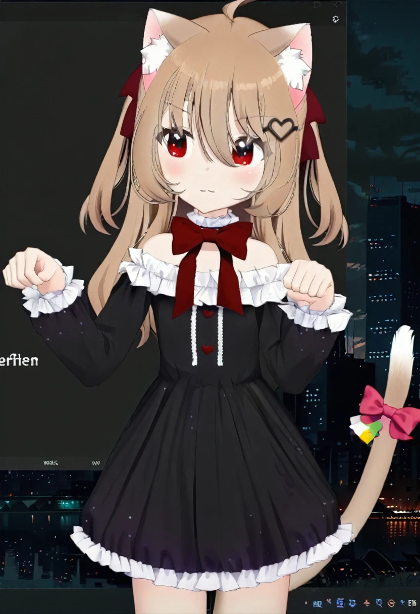 1girl, evil neuro-sama, (yuzu modoki), red eyes, light brown hair, ahoge, two side up, hair ribbon, dark red ribbon, heart hair ornament, black dress, frilled dress, off-shoulder dress, bare shoulders, frilled choker, long sleeves, red bow, red buttons, black heart, (masterpiece, best quality), highly detailed, finely detailed, natural lighting, cityscape, skyline, detailed scenery, (3d render:0.7), animal collar, leash, offering leash, paw pose, cat ears, cat tail, tail bow, cowboy shot,