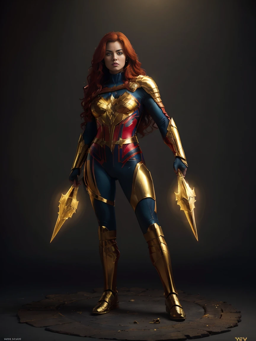 (((full body photo))) Yara Flor, a cape over her shoulders (best quality,ultra-detailed,realistic:1.37),(studio lighting,HDR,vivid colors,physically based rendering),(portrait), red-haired warrior with yellow eyes wears black and gold Superman armor, standing with his feet on the ground
