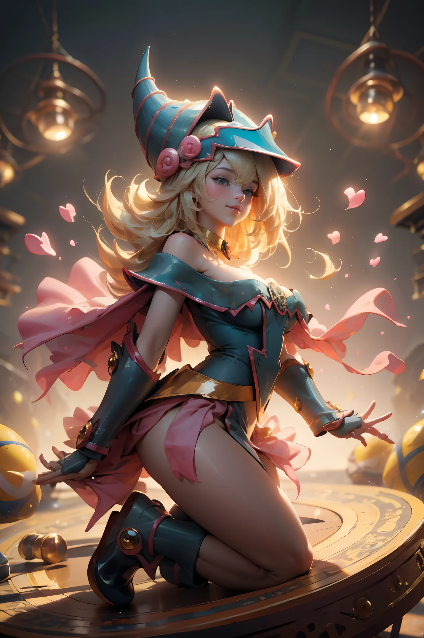 (Obra maestra:1.2), (La mejor calidad:1.2), Perfect lighting, Chica Maga Oscura en tacones, lanzando un hechizo, sonriendo y flotando en el aire, tetas grandes, escote, fondo de magia. Corazones transparente en el ambiente, ella usa Tacones
