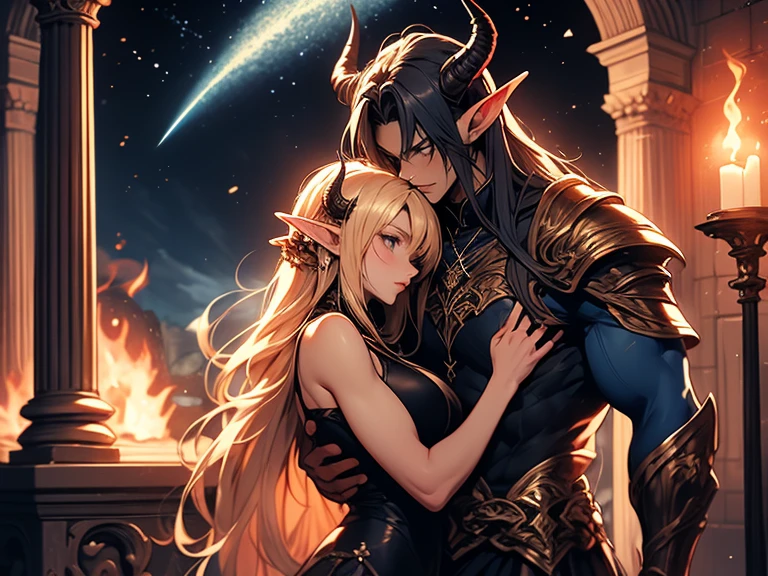 a tall male elf with huge muscles demon horns and dark blue long hair wearing armor hugging a female blonde elf in a medieval room near a pillar, dangerous huge burning comet falling down outside from the sky, dark sky, dangerous athmosphere, lovers, itimate hug, loving hug