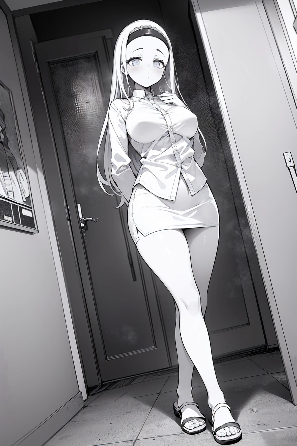 (Highest quality, High resolution, Very detailed), 1 female, Silver Hair, Long Hair, Reddish brown eyes, office staff suit skirt, Nude, pussy, vaginale, ((pussy juice)), secretary, 24th generation, Beautiful woman, mature, thin, quiet, Calm, Large Breasts, A small smile, office,