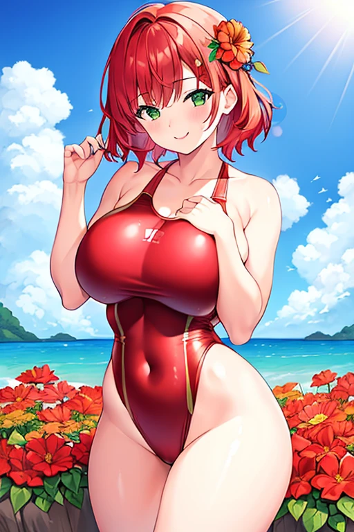 1girl, red hair, medium hair, short hair, flower, flower orbament, ornament, hair ornament, green eyes, one-piece swimsuit, competition swimsuit, ?????????????, wide ????, thick thighs, smile, ??????? supress, ((?????? suppress)), hands on ???????