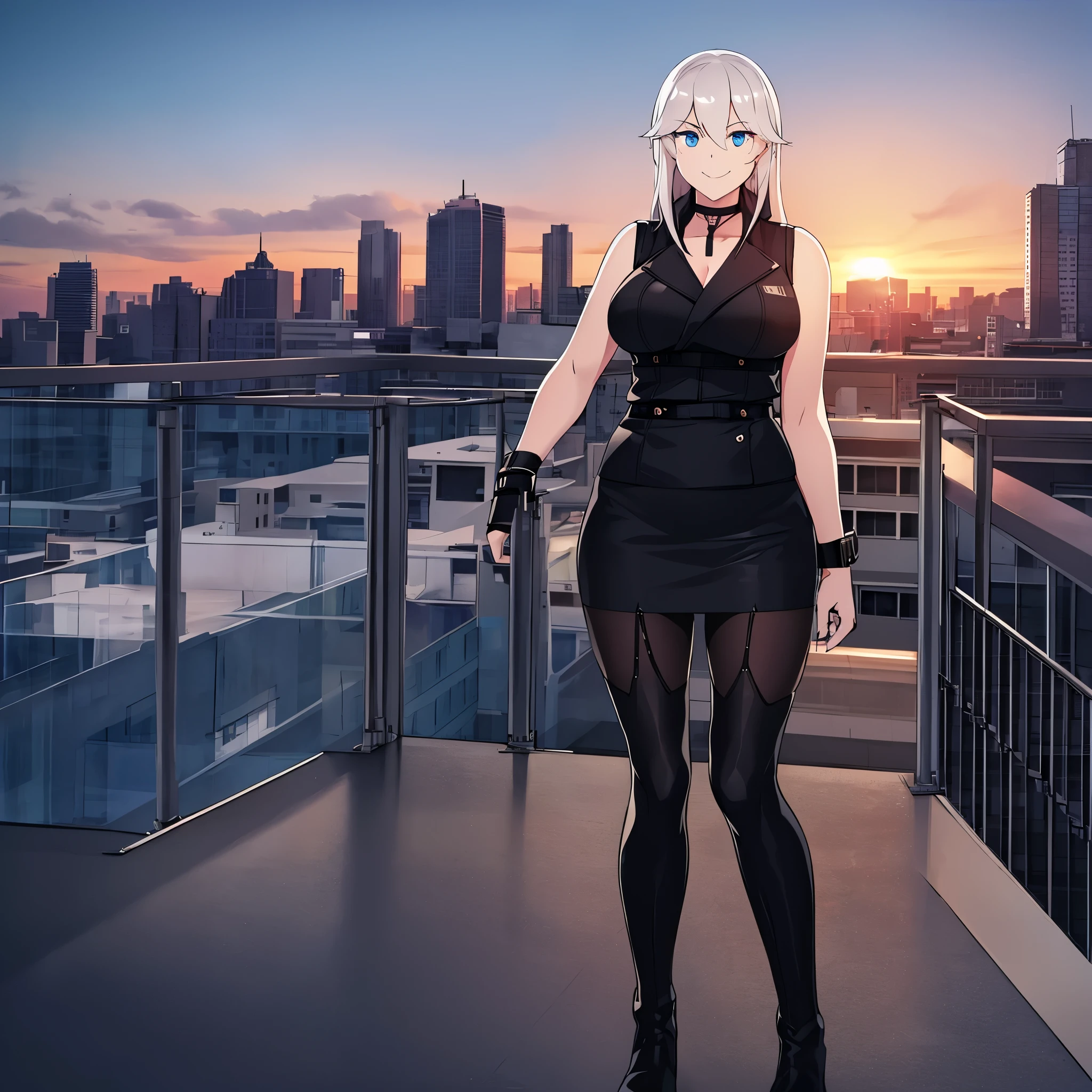 a woman wearing a white sleeveless shirt, wearing an open black military jacket, tight black skirt, black tights, black boots, shoulder-length silver hair, smiling blue eyes, on the top floor of a large building overlooking other buildings, daytime at sunset., HDR , ultra resolution, sharp, masterpiece, 8K HD (solo woaman)