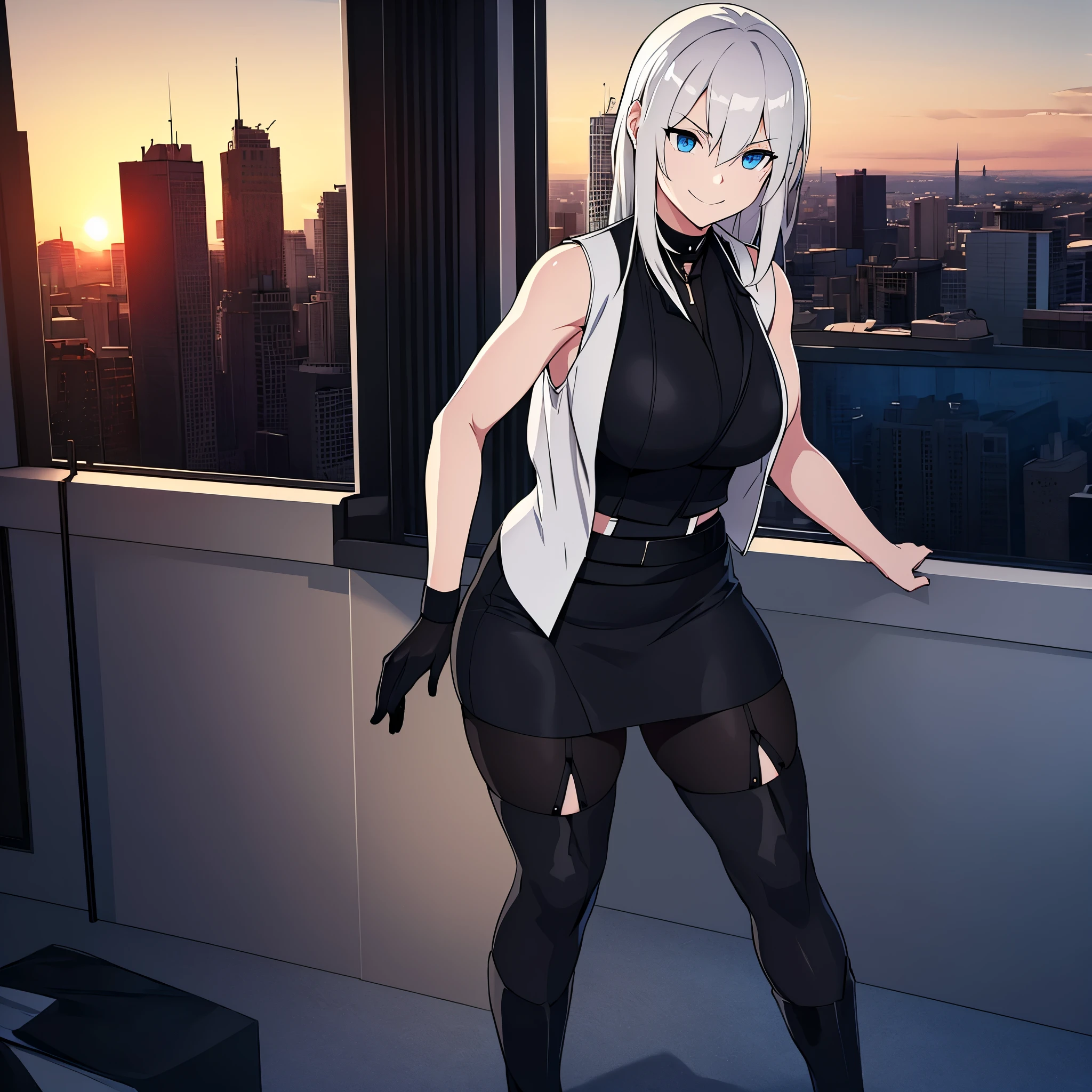 a woman wearing a white sleeveless shirt, wearing an open black military jacket, tight black skirt, black tights, black boots, shoulder-length silver hair, smiling blue eyes, on the top floor of a large building overlooking other buildings, daytime at sunset., HDR , ultra resolution, sharp, masterpiece, 8K HD (solo woaman)
