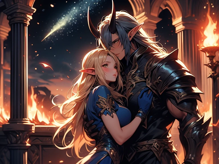 a tall male elf with huge muscles demon horns and dark blue long hair wearing armor hugging a female blonde elf in a medieval room near a pillar, dangerous huge burning comet falling down outside from the sky, dark sky, dangerous athmosphere, lovers