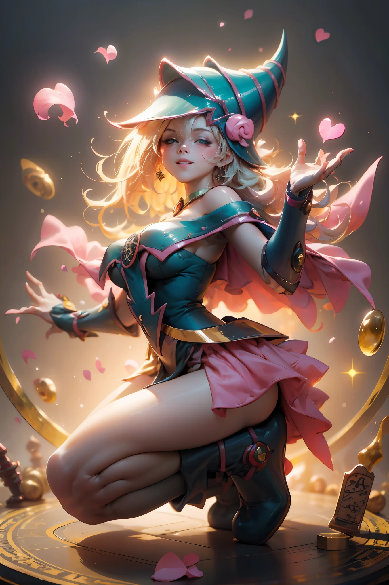 (Obra maestra:1.2), (La mejor calidad:1.2), Perfect lighting, Chica Maga Oscura en tacones, lanzando un hechizo, sonriendo y flotando en el aire, tetas grandes, escote, fondo de magia. Corazones transparente en el ambiente, ella usa Tacones