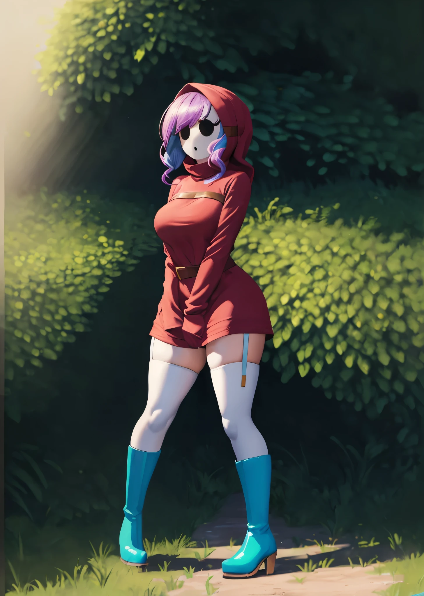 [shy gal], ((masterpiece)), ((HD)), ((High res)), ((beautiful render art)), ((solo portrait)), ((full body)), ((front view)), ((feet visible)), ((detailed shading)), ((intricate details)), {(slim figure), (shy guy), (shy guy mask), curly pink hair, (curvy hips), (beautiful legs), (surprised expression)}, {(solid cyan-blue cloth turtleneck dress), (short red pencil skirt), cyan-blue hood, brown belts, (white thighhighs), (garterbelt straps), (purple boots)}, {(standing)} [Background; (forest), (sunny), (trees), (sun rays through trees), (ambient lighting)]