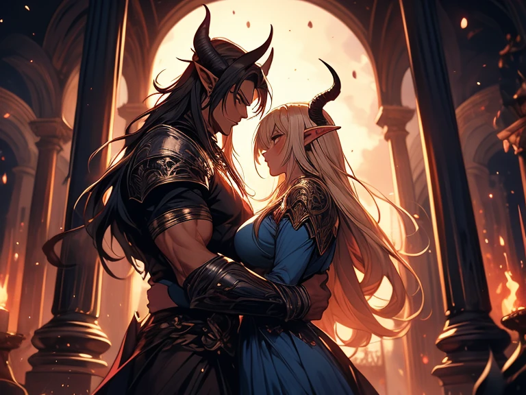 a tall male elf with huge muscles demon horns and dark blue long hair wearing armor hugging a female blonde elf in a medieval room near a pillar, dangerous huge burning comet falling down outside from the sky, dark sky, dangerous athmosphere, lovers