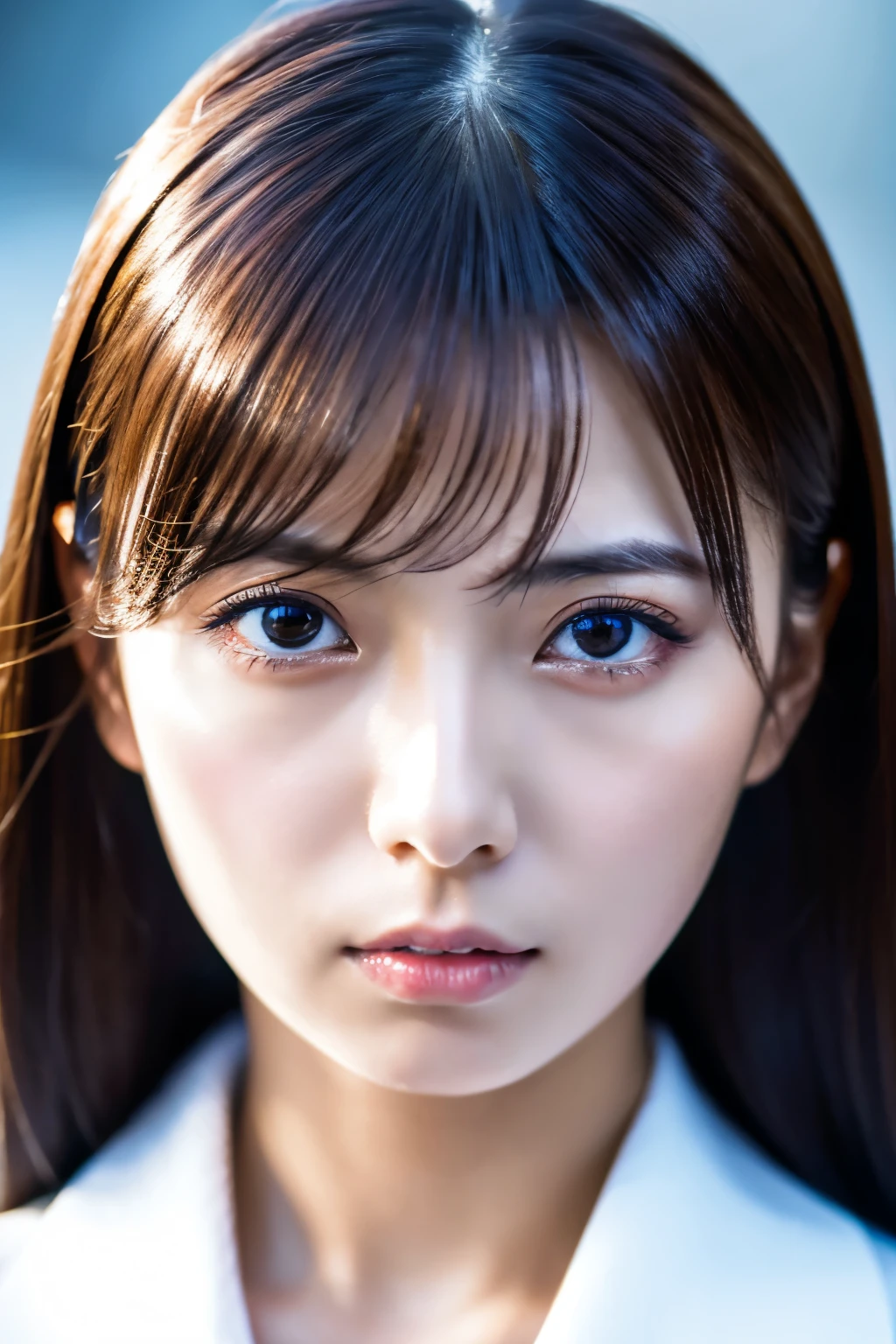 Masterpiece, 8K, high quality, high resolution, beautiful Japanese woman, 30 years old, poker face, glaring eyes, (detailed face, detailed eyes), looking at viewer, portrait