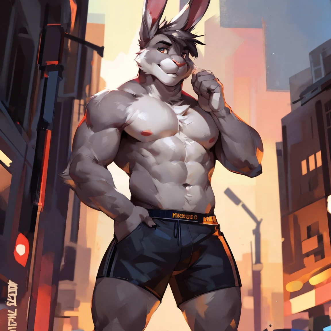 Medium muscular, rabbit, light gray, light gray rabbit, (solo) long ears, ears raised up, eyes, brown eyes, perfect eyes, shirtless, in black shorts, By mystikfox61