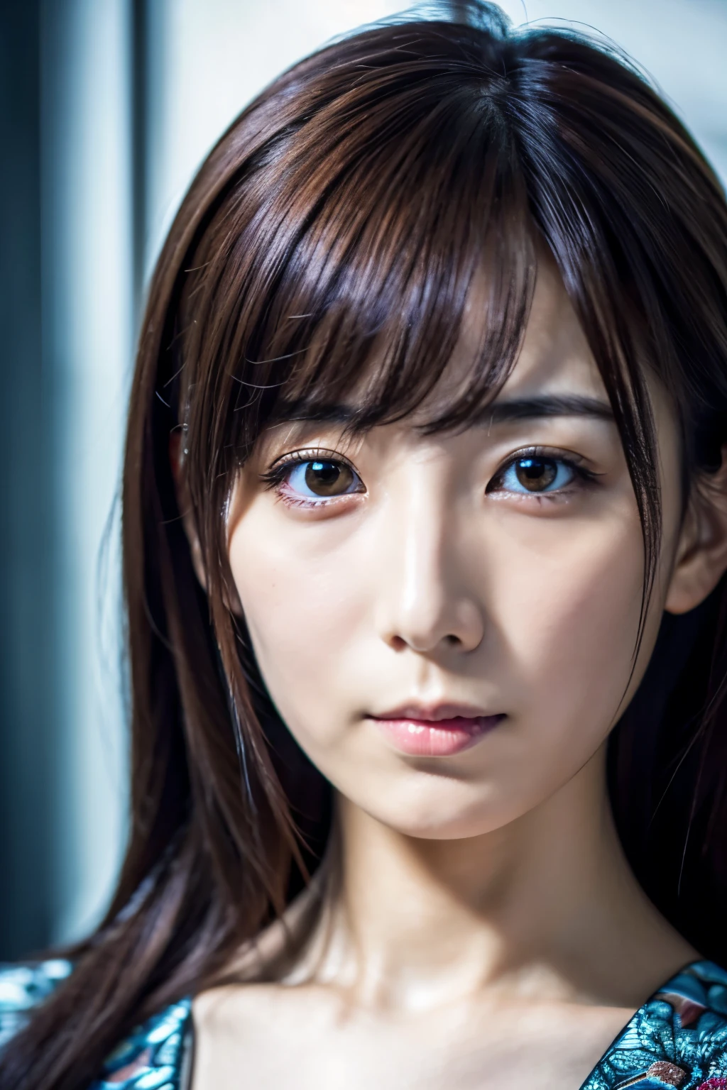 Masterpiece, 8K, high quality, high resolution, beautiful Japanese woman, 30 years old, poker face, glaring eyes, (detailed face, detailed eyes), looking at viewer, portrait