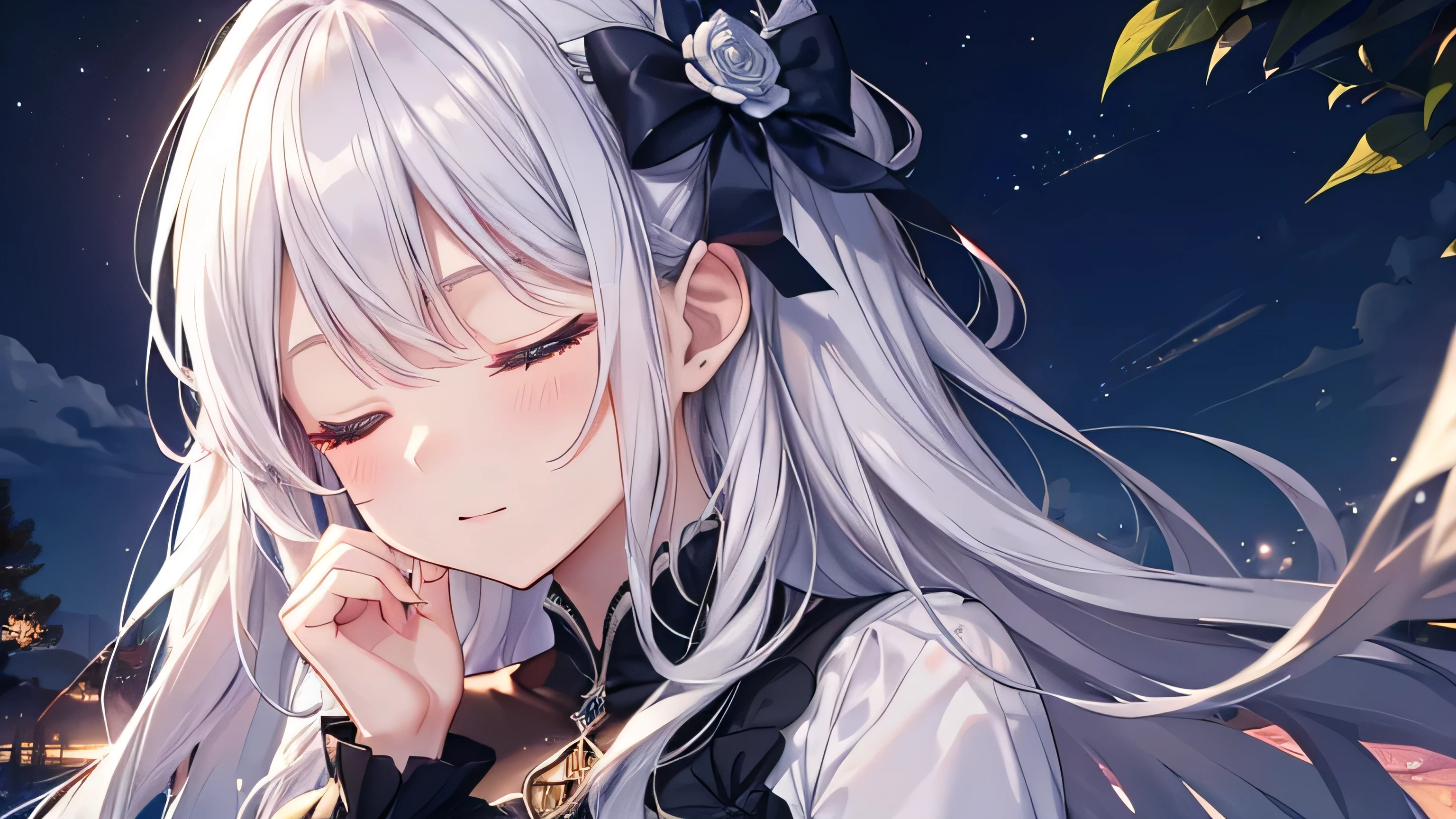 Eyes closed(Mastepiece:1.2、high quality)mysterious、A magical night、Natural scenery、Silver Hair、cute、